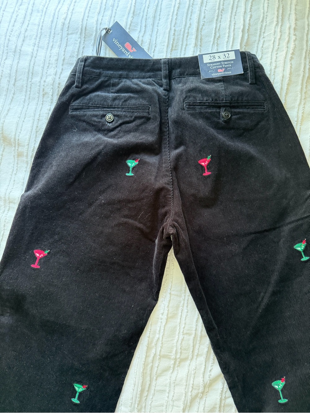 Vineyard Vines Black Corduroy Pants with Embroidered Cocktail Motifs